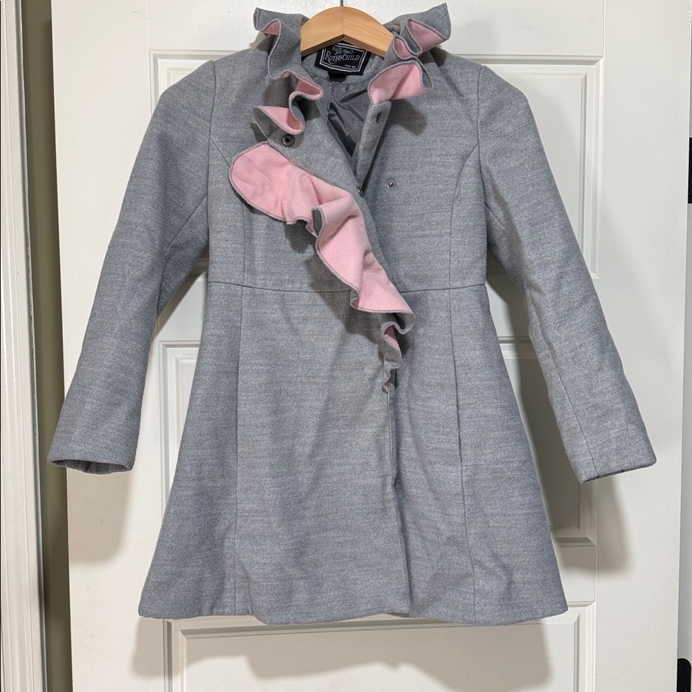 Rothschild grey pink ruffle coat formal girls size small soft 6-7 yo jacket